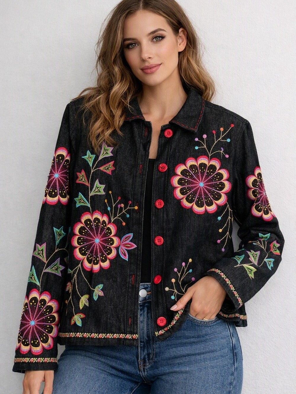 Units Denim Jacket Women's Medium Embroidered Stitching Floral NWOT Beads